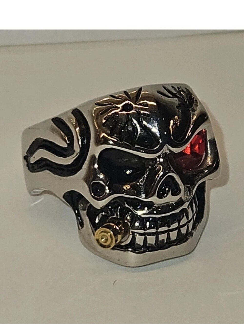 Men's Black Skull Ring with Red Eye Accent size 8